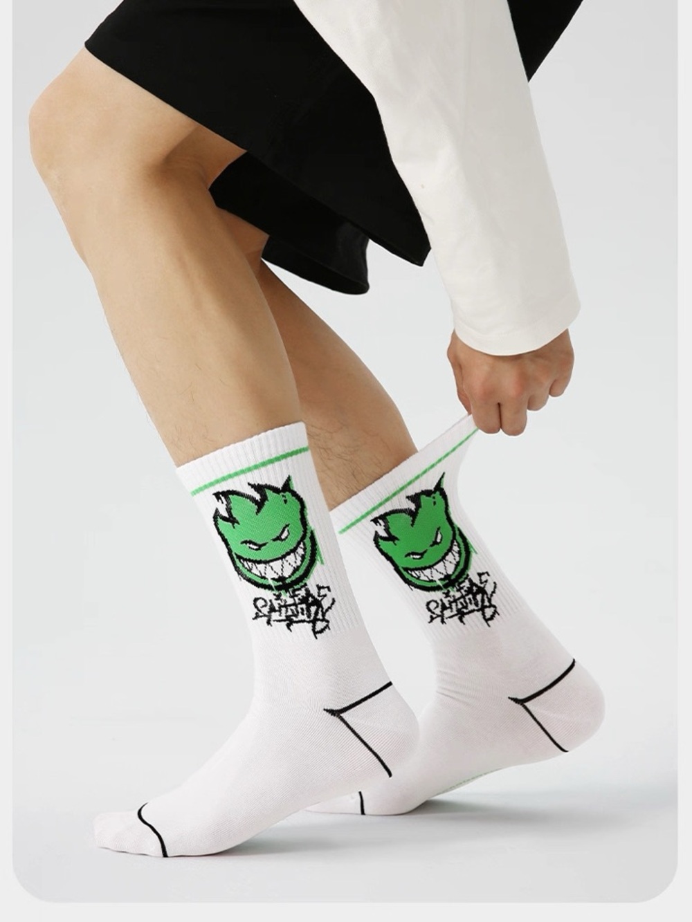 1 pair - White Crew Socks with Green Flame Character Graphic